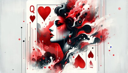 A close-up of a queen of hearts playing card integrated with a silhouette of a woman's face.