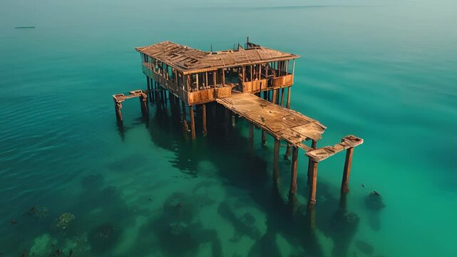 Abandoned pier and huts on stills stand in the middle of ocean. A view of old half-ruined pier and some flooded shacks on stills. Remains of a drowned seaside settlement.  