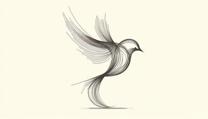 A minimalist and abstract bird composed of sweeping lines that suggest the form of wings and feathers, in a simple and expressive style.