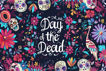 Day of the dead celebration background with colorful sugar skulls and flowers