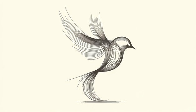 A minimalist and abstract bird composed of sweeping lines that suggest the form of wings and feathers, in a simple and expressive style.
