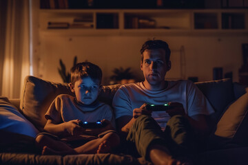 Father and son play video games sitting on sofa at home. AI gene