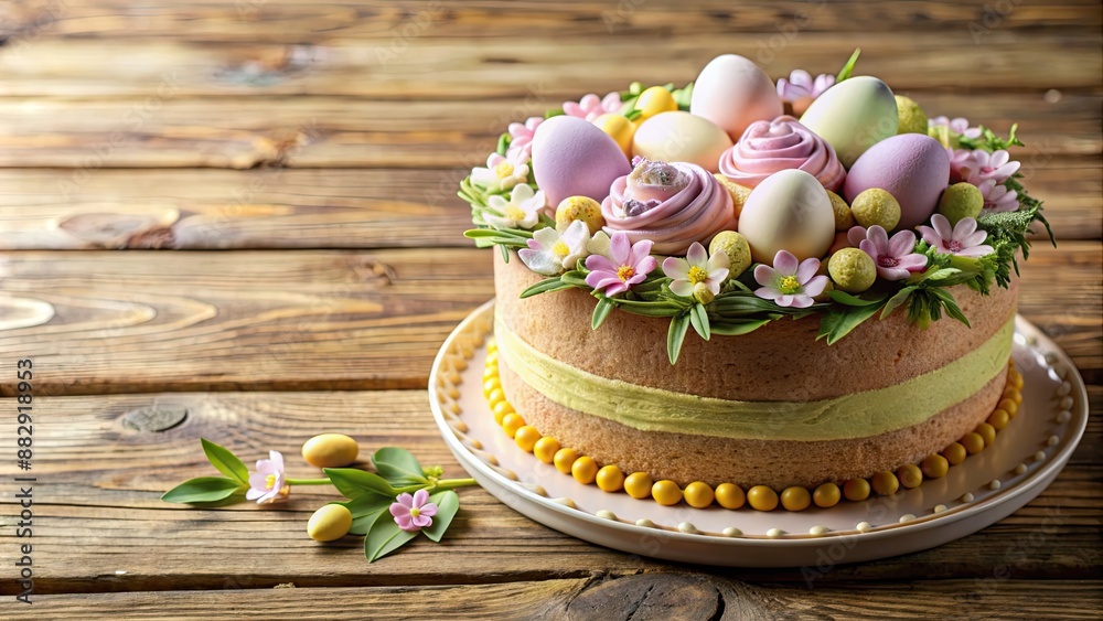 Sticker Close-up of a vintage style Easter cake with edible decorations on a wooden textured background, Easter, cake