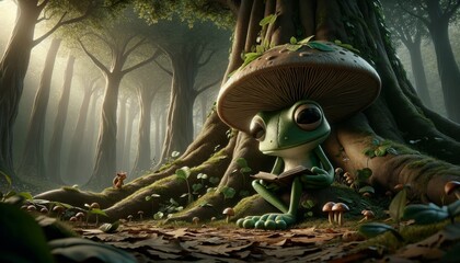 A whimsical, animated character similar to a leaf frog, sitting on a large mushroom under a towering oak tree, deeply engrossed in reading a tiny book.
