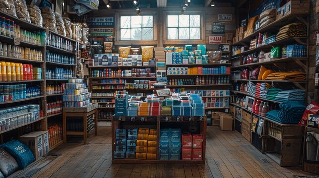 Rustic general store interior with various products - generative ai