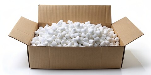 Cardboard box filled with packing peanuts, packaging, shipping, delivery, fragile, protection, cushioning