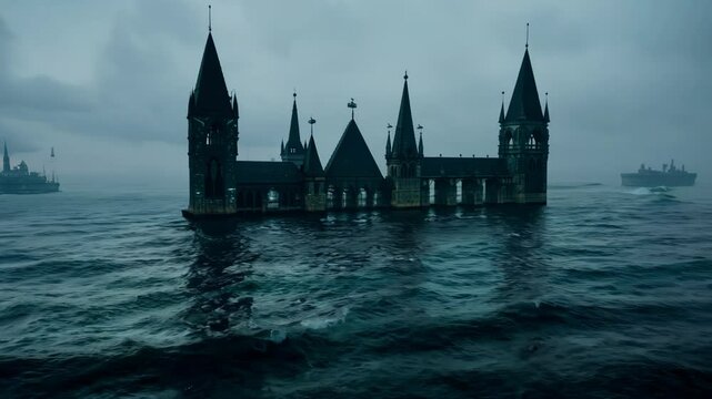 Ancient abandoned castle half submerged in the ocean. Flooded half-ruined castle at night. Foggy night at sea with waves washing the walls of an old medieval castle. Dark fantasy castle after flood.  