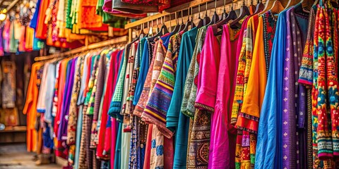 Colorful clothes hanging in a vibrant market setting, market, vibrant, colorful, clothing, clothes, hanging, display