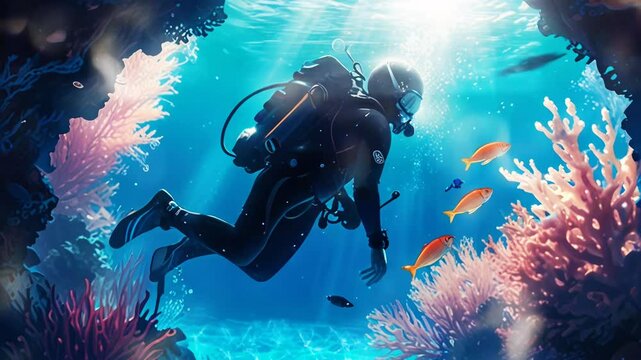 A person wearing a diving suit swimming underwater, In the background smooth looping with 4K video animation.