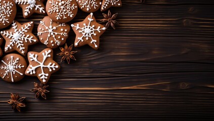 Fototapeta premium Delicious Christmas Gingerbread Cookies on Rustic Wooden Background