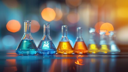 Laboratory Glass Flasks with Colorful Liquid Substances and Bokeh Background. Chemistry, Science, Research Concept