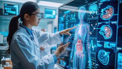 Medical professional studying a futuristic transparent digital display with a 3D human anatomy hologram. Concept for healthcare, technology, and medical research.