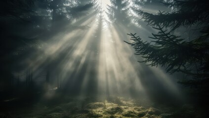 Rays of Heavenly Light Break Through a Dark Forest Canopy