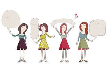 レトロな吹き出しを持った女性・吹き出し・フレーム