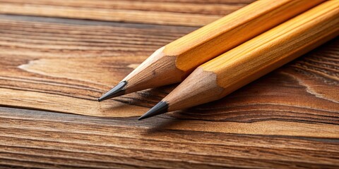 Obraz premium Close up of two carpenter's pencils on a wooden table , wood, carpentry, tools, equipment, workshop, DIY, craft