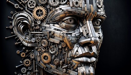 A detailed close-up of an artistic sculpture of a human face, intricately composed of various metallic parts such as gears, bolts, and wires.
