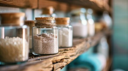 Rustic Wooden Shelf with Glass Jars Filled with Various Natural Ingredients in a Cozy Kitchen Setting