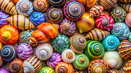 Colorful collection of gastropod shells isolated on background, gastropod, shells, collection, colorful