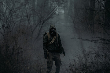 A man in camouflage in a post-apocalyptic smoky dark forest. Front view. The concept of a lone...