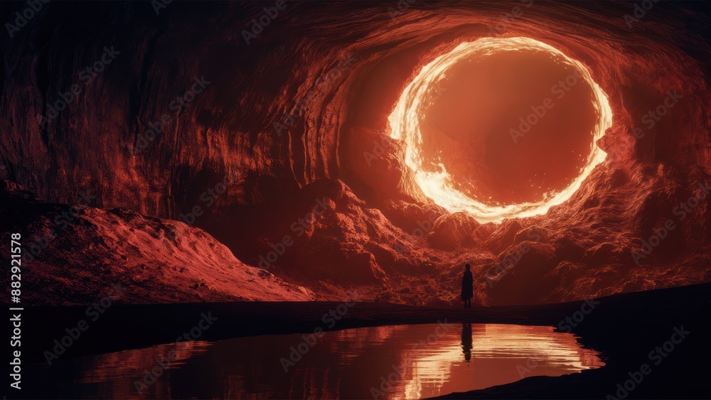 Canvas Prints A person standing in a dark cave with an orange light, AI