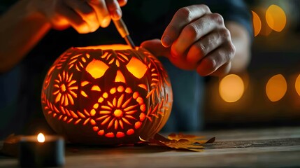Creative Halloween Fun - Close-up of meticulous hands carving intricate design into pumpkin