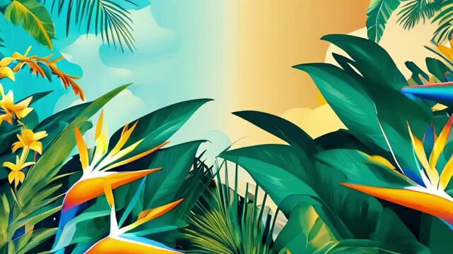 Tropical rainforest background with beautiful exotic flowers 