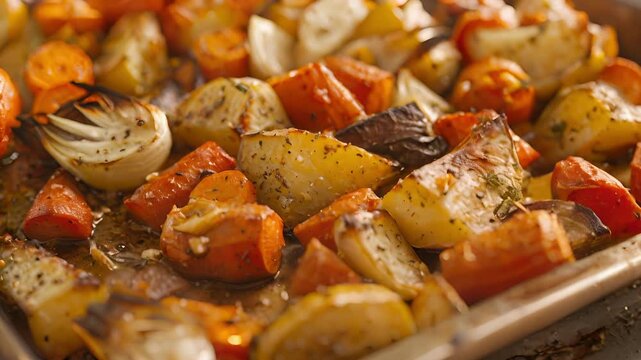 A vibrant mix of roasted root vegetables including carrots pars and tur brushed with a layer of smooth avocado oil to lock in flavor.