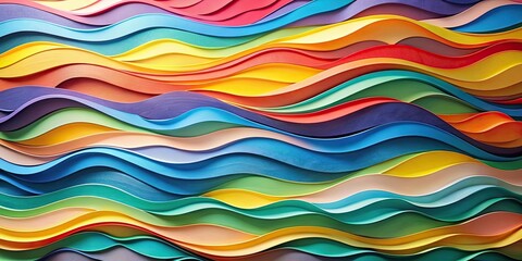 Colorful collage of paper waves in various sizes and colors, creating a dynamic and playful scene, waves, paper