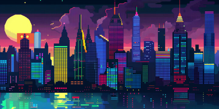 Pixel art retro wave. panorama of big city. wide banner. Space for text. neon cyberpunk digital 8 16 32 64 bit painting. poster, flyer, banner, email, header, social media post. Generative Ai content