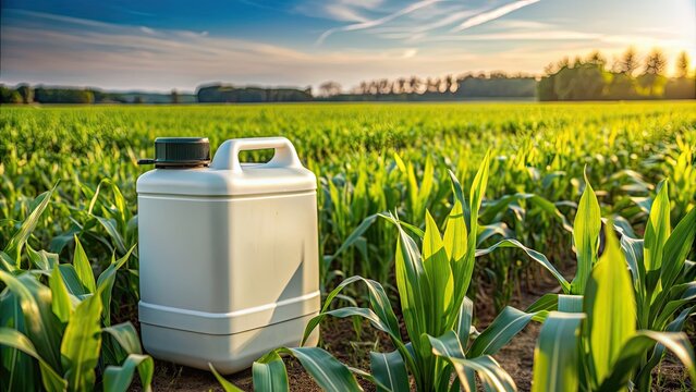 Closeup shot of a herbicide container in a lush corn maize crop field, herbicide, container, closeup, corn, maize, crop