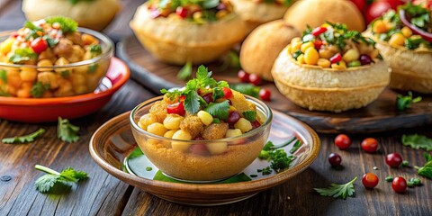 Close-up of delicious Indian street food Pani Puri filled with chickpeas, spicy tangy water, and colorful garnishes, Indian