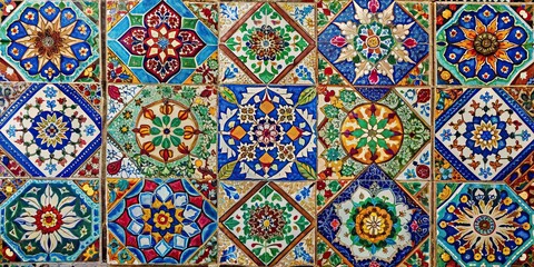 Close-up of a vibrant, intricate mosaic of colorful ceramic tiles