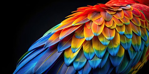 Fototapeta premium Close up shot of vibrant tropical macaw parrot plumage against black background, tropical, macaw, parrot, vibrant, colorful