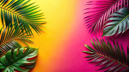 Bright tropical leaves on vibrant pink and yellow gradient background vertical, tropical, leaves, vibrant, pink, yellow