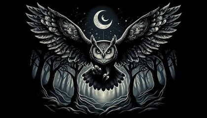 Naklejka premium A mystical owl with expansive wings spread wide, detailed feathers shimmering under a crescent moon, flying over a misty forest filled with twisted tr.