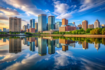 Naklejka premium A city skyline is reflected in a body of water. The sky is blue with some clouds. The city is full of tall buildings