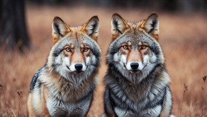Fototapeta premium Two gray wolves stand in forest during day, facing camera. Looking directly at viewer. Wild animals