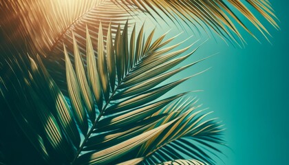 A close-up of palm leaves with a detailed focus on the texture and patterns, set against a clear blue sky.