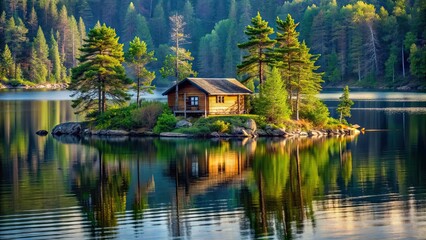 Fototapeta premium Cabin nestled on a secluded island surrounded by tranquil lake , cabin, isolated, island, lake, water, remote, serene