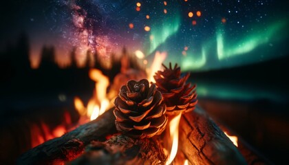 Macro shot of pinecones and logs in the campfire, with the flames flickering and the colorful sky in the background.