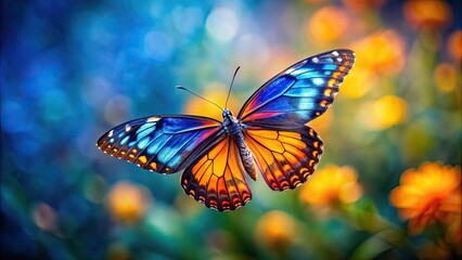 Fototapeta premium Butterfly with striking blue, yellow, and orange colors in mid-flight, butterfly, beautiful, vibrant, colors, wings, flying