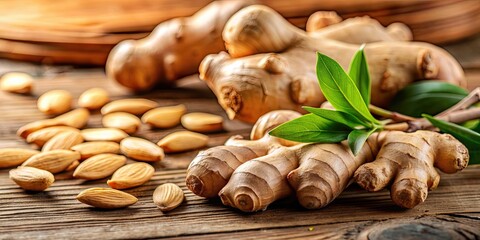 Close-up of fresh ginger root and almonds, rich in vitamins and minerals to boost immunity , ginger root, almonds, cinnamon
