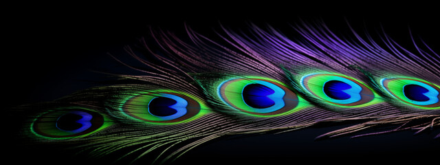 Obraz premium Multiple Peacock Feathers in a Dark Background Displaying Vibrant Colors