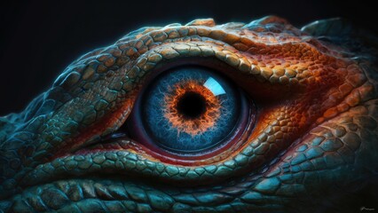 Naklejka premium A close up of a blue eye with orange iris and pupil, AI