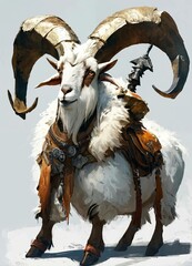 A goat that serves as a mount for a dwarf warrior, with a saddle, large horns, and white fur.