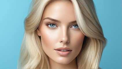 Naklejka premium Flawless blonde with an elegant hairstyle of long hair on blue background with copy space.
