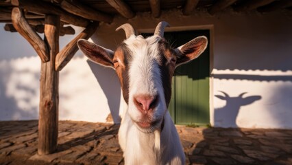 A goat with long horns standing in front of a wooden building, AI