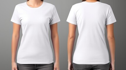 T-shirt mockup. White blank t-shirt front and back views. Female and male clothes wearing clear attractive apparel tshirt models template.