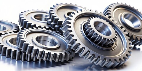 Closeup view of interconnected gear wheels isolated on white background, gear, wheels, machine parts, machinery