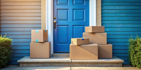 Cardboard boxes stacked on front steps of house with blue door and warm lighting, delivery, doorstep, packages